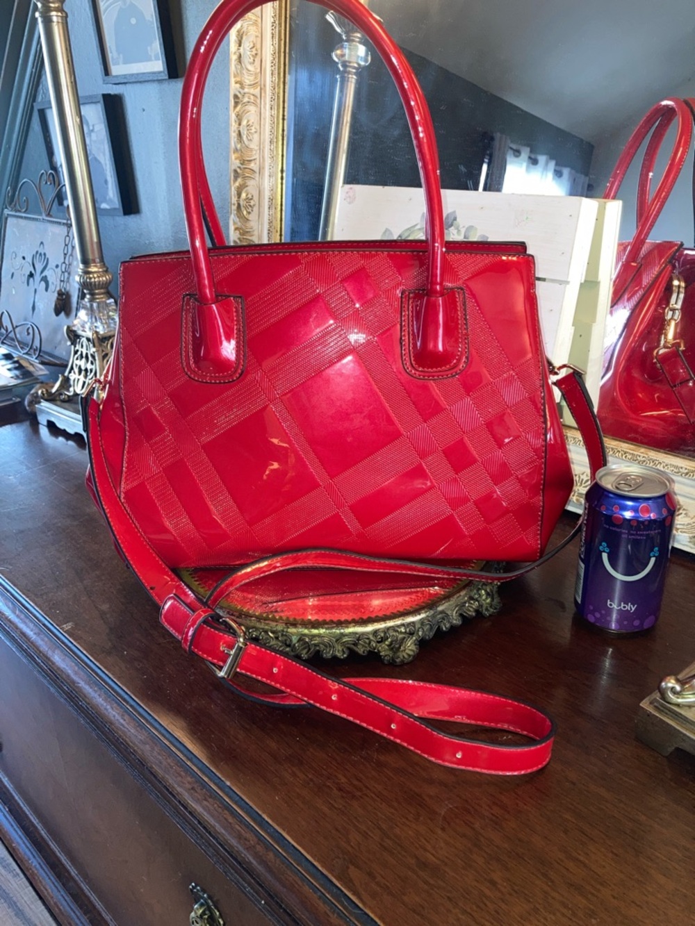 NWOT XL Red Patent Leather Tote Handbag with Detachable Strap